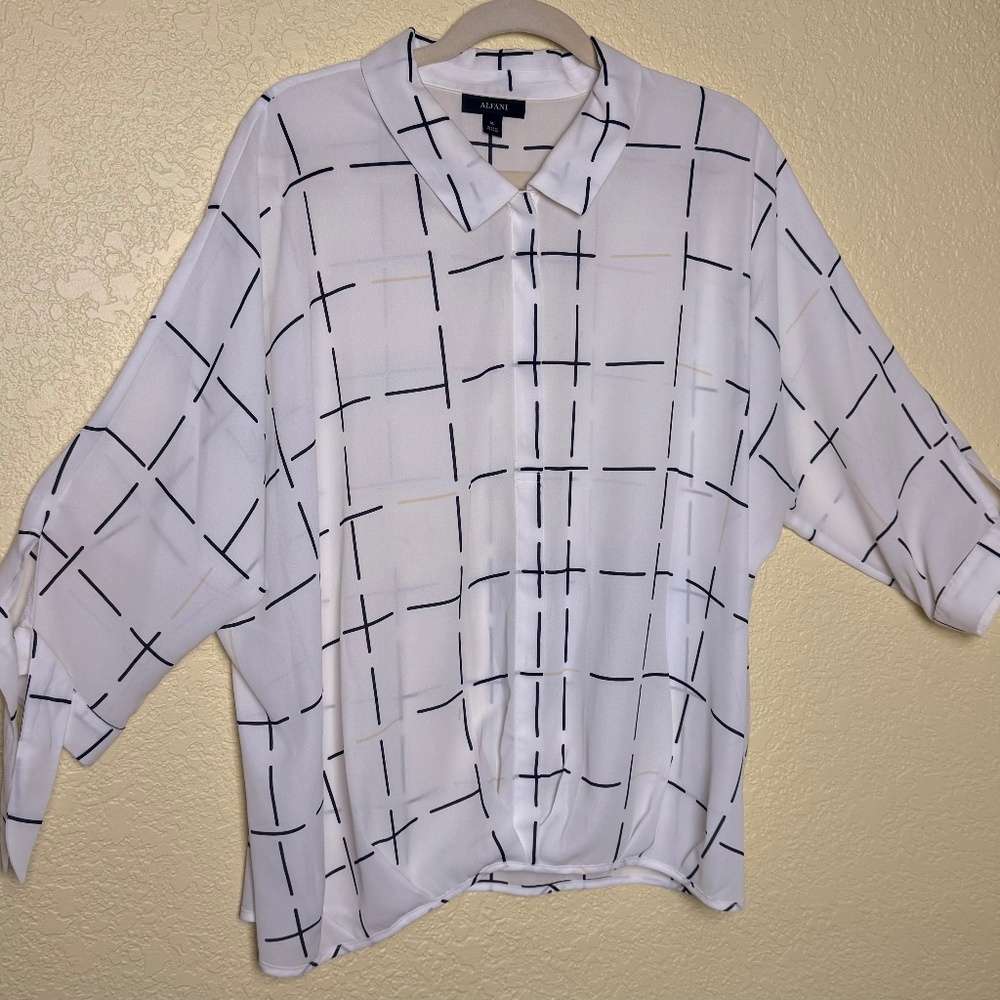 Alfani sheer print button down blouse with tie sleeve and bubble hem